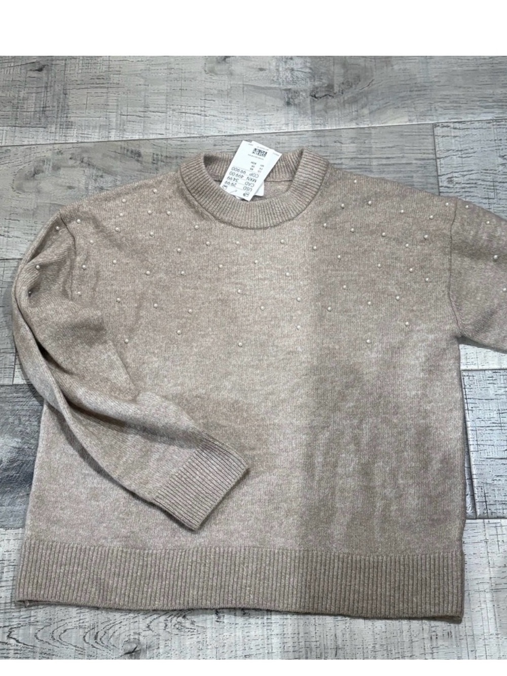 H&M Beige Crewneck Sweater with Pearl Embellishments